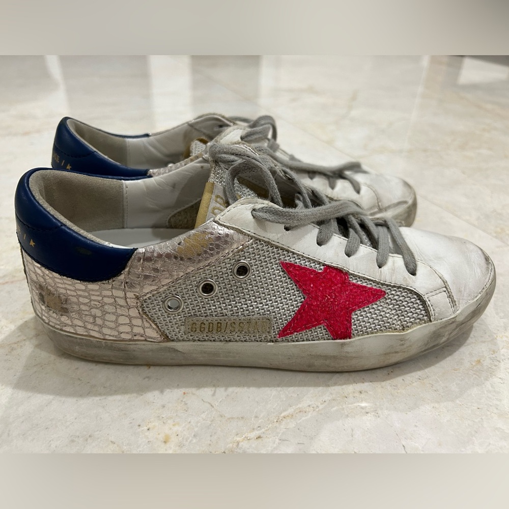 Golden Goose white leather superstars with hot pink glitter star